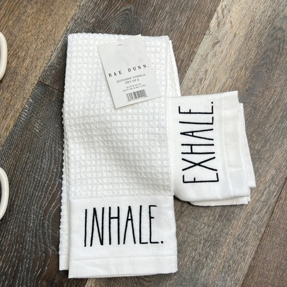 Rae Dunn - ‘Yoga’ mug/dish towels bundle. NWT